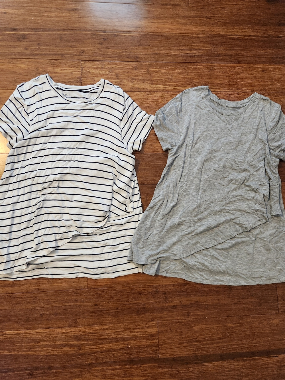 Set Of 2 Maternity & Nursing Short Sleeve Shirts- Striped And Gray, Medium
